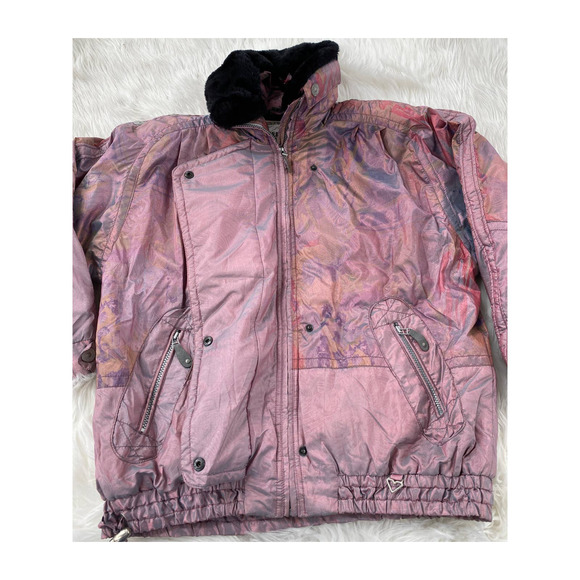 Obermeyer Iridescent Metallic Pink Ski Coat Fauc Black Fur Hooded Retro 80s - Picture 4 of 4